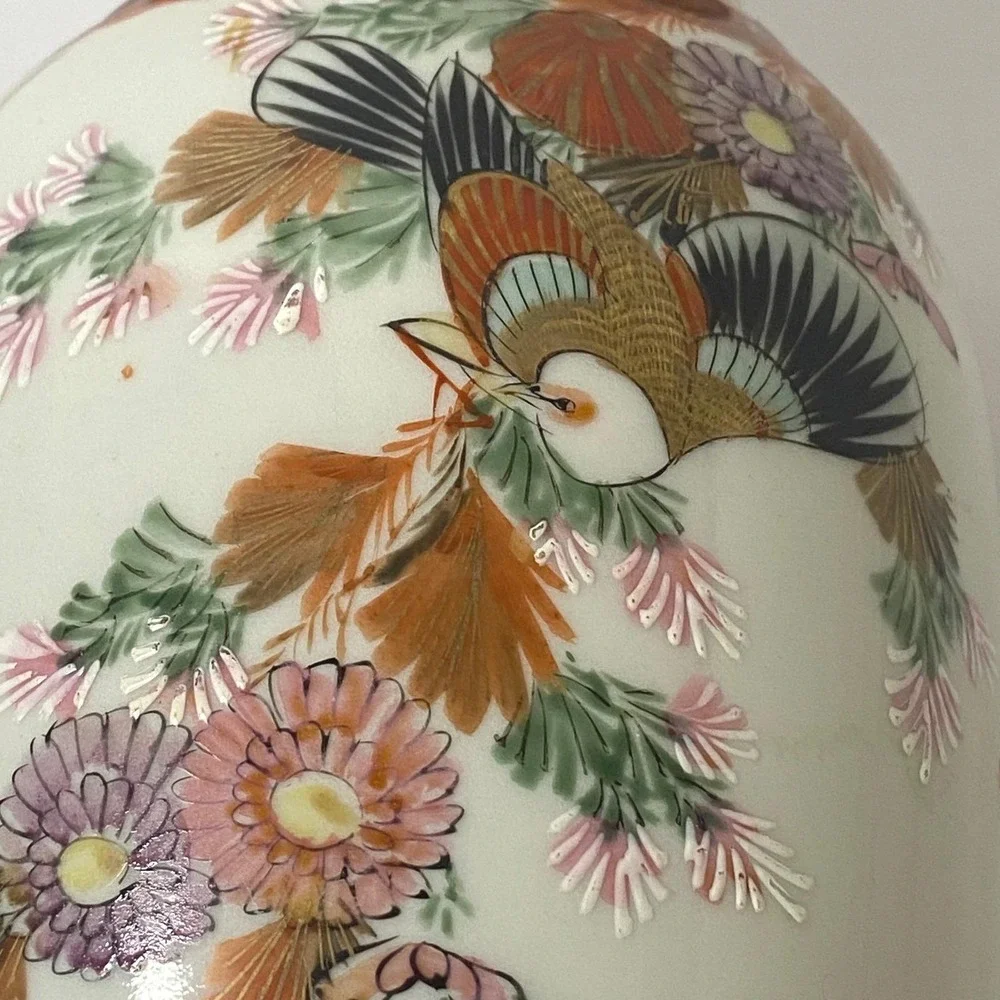 Japanese Satsuma Vase Hand Painted Birds Flowers Gold Gilt Moriage Signed 9.75in